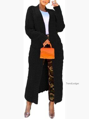 Oversized Cable Knit Cardigan with Pockets, Floor Length, Chunky Knitwear